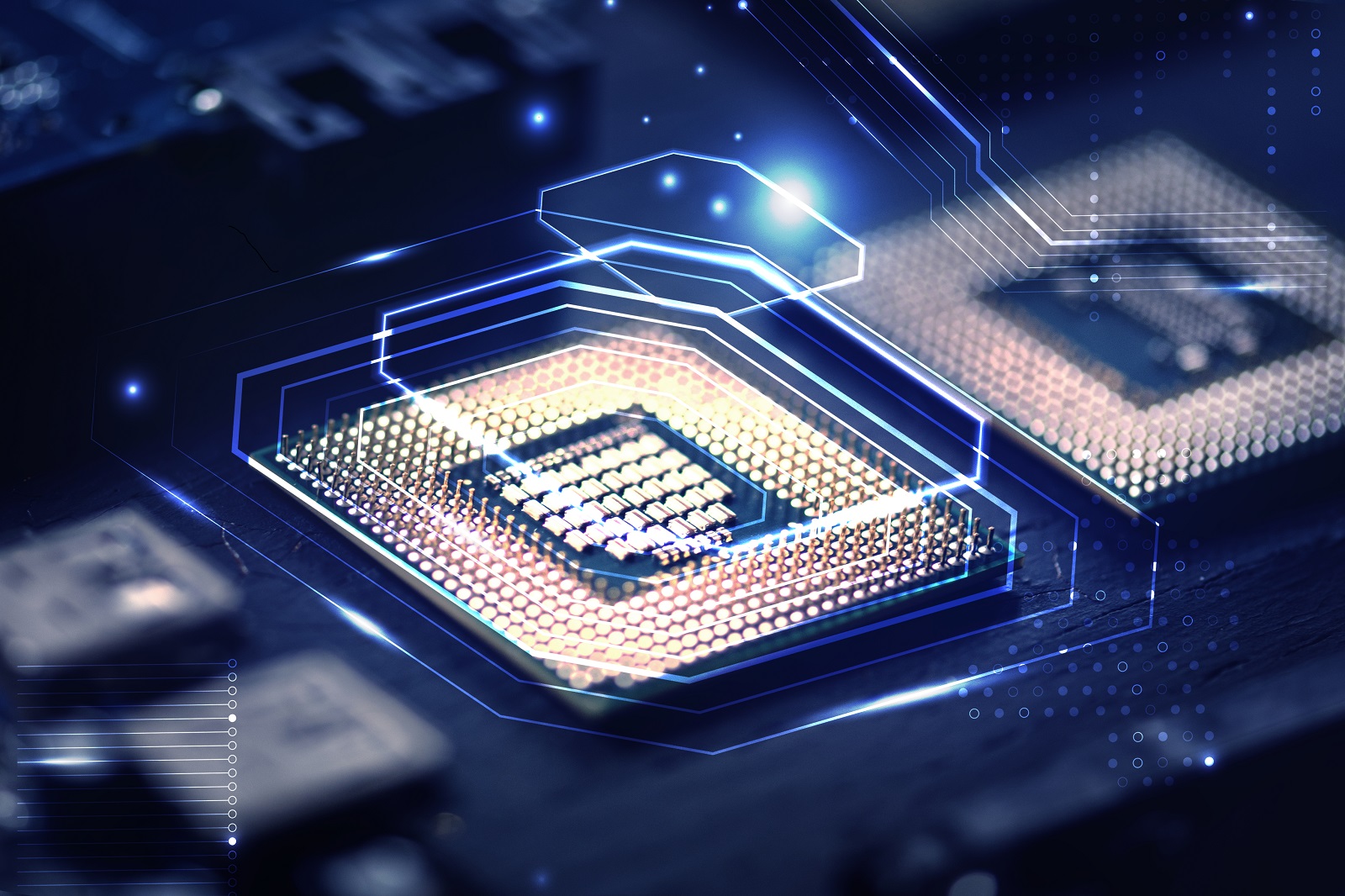 Smart microchip background on a motherboard closeup technology r