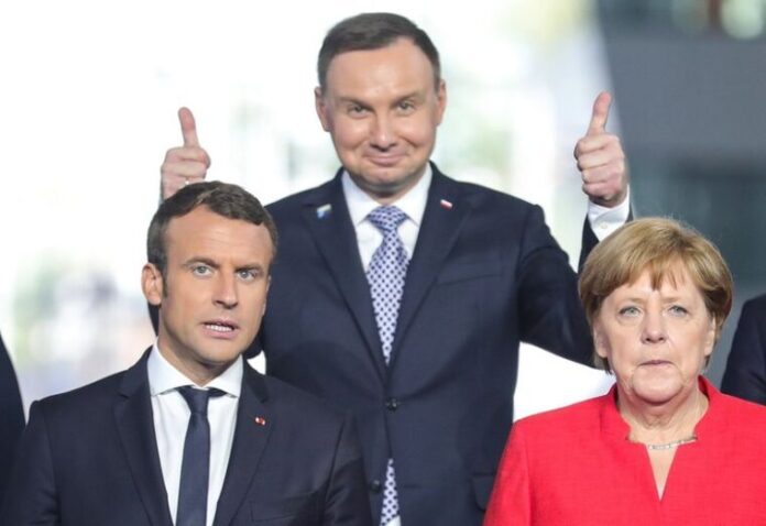 Emmanuel Macron, Andrzej Duda, Angela Merkel. Picture by Polish Press Agency