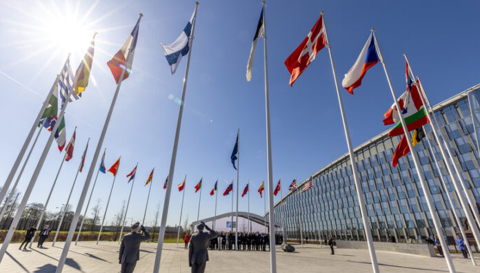 Finnish flag in the courtyard of NATO headquarters. Picture by NATO.